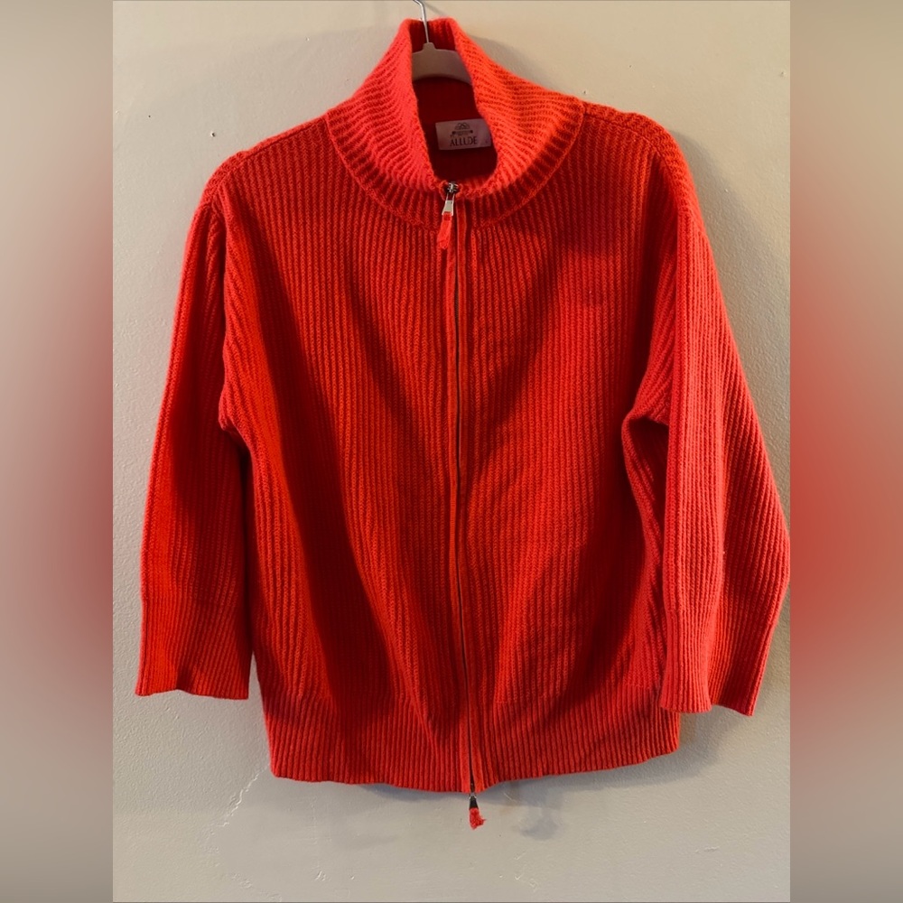 Allude Women Sweater L Orange Wool Cashmere Turtleneck 3/4 Sleeves 126